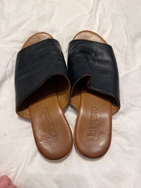 Bueno Black Leather Slide Mules with Brown Footbed